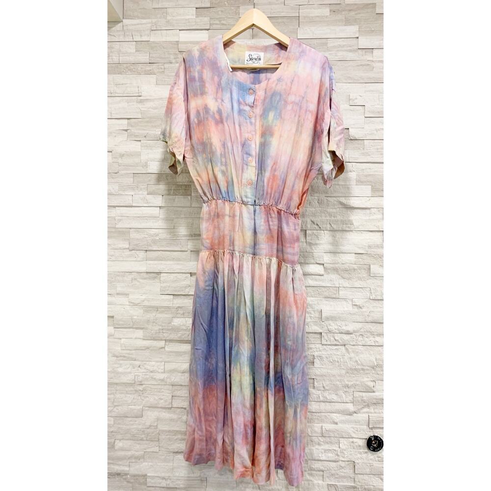 Vintage 90s 80s Dress Secrets L Pink Midi Short Sleeve Button Up Pockets Tie Dye